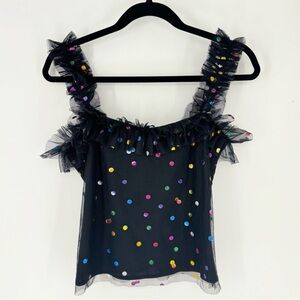 STAUD Micro Mesh Layered Ruffled Sleeve Multicolor Polka Dot Tank Top